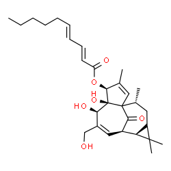 ChemSpider 2D Image | (4S,5S,6R,9R,10R,12S,14R)-5,6-Dihydroxy-7-(hydroxymethyl)-3,11,11,14-tetramethyl-15-oxotetracyclo[7.5.1.0~1,5~.0~10,12~]pentadeca-2,7-dien-4-yl (2E,4E)-2,4-decadienoate | C30H42O6