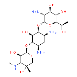 ChemSpider 2D Image | (1S,2S,3R,4S,6R)-4,6-Diamino-3-({(5R)-2-amino-2-deoxy-5-[(1R)-1-hydroxyethyl]-alpha-D-xylopyranosyl}oxy)-2-hydroxycyclohexyl (3xi)-3-deoxy-4-C-methyl-3-(methylamino)-beta-L-threo-pentopyranoside | C20H40N4O10