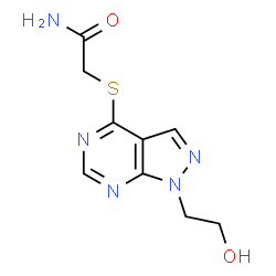 ChemSpider 2D Image | 2-{[1-(2-Hydroxyethyl)-1H-pyrazolo[3,4-d]pyrimidin-4-yl]sulfanyl}acetamide | C9H11N5O2S