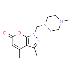ChemSpider 2D Image | 3,4-Dimethyl-1-[(4-methyl-1-piperazinyl)methyl]pyrano[2,3-c]pyrazol-6(1H)-one | C14H20N4O2