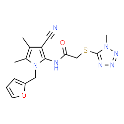 ChemSpider 2D Image | N-[3-Cyano-1-(2-furylmethyl)-4,5-dimethyl-1H-pyrrol-2-yl]-2-[(1-methyl-1H-tetrazol-5-yl)sulfanyl]acetamide | C16H17N7O2S