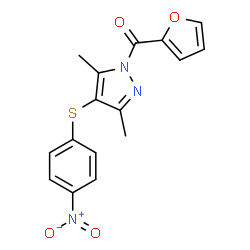 ChemSpider 2D Image | [3,5-Dimethyl-4-(4-nitro-phenylsulfanyl)-pyrazol-1-yl]-furan-2-yl-methanone | C16H13N3O4S