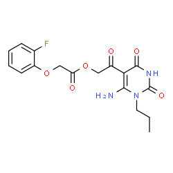 ChemSpider 2D Image | 2-(6-Amino-2,4-dioxo-1-propyl-1,2,3,4-tetrahydro-5-pyrimidinyl)-2-oxoethyl (2-fluorophenoxy)acetate | C17H18FN3O6