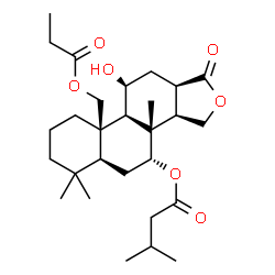 ChemSpider 2D Image | (3aR,3bS,4R,5aS,9aR,9bR,10S,11aR)-10-Hydroxy-3b,6,6-trimethyl-1-oxo-9a-[(propionyloxy)methyl]hexadecahydrophenanthro[1,2-c]furan-4-yl 3-methylbutanoate | C28H44O7