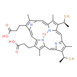 ChemSpider 2D Image | [3,3'-{3,7,12,17-Tetramethyl-8,13-bis[(1S)-1-sulfanylethyl]-2,18-porphyrindiyl-kappa~2~N~22~,N~24~}dipropanoato(2-)]iron | C34H36FeN4O4S2