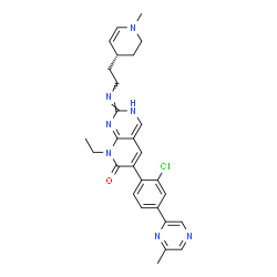 ChemSpider 2D Image | 6-[2-Chloro-4-(6-methyl-2-pyrazinyl)phenyl]-8-ethyl-2-({2-[(4S)-1-methyl-1,2,3,4-tetrahydro-4-pyridinyl]ethyl}amino)pyrido[2,3-d]pyrimidin-7(8H)-one | C28H30ClN7O