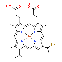 ChemSpider 2D Image | {3,3'-[(7Z,12S)-3,8,13,17-Tetramethyl-12-[(1S)-1-sulfanylethyl]-7-(1-sulfanylethylidene)-7,12,22,24-tetrahydroporphyrin-2,18-diyl-kappa~4~N~21~,N~22~,N~23~,N~24~]dipropanoato(4-)}iron | C34H36FeN4O4S2