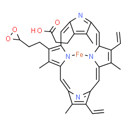 ChemSpider 2D Image | [3-{18-[2-(3-Dioxiranyl)ethyl]-3,8,13,17-tetramethyl-7,12-divinyl-2-porphyrinyl-kappa~2~N~22~,N~24~}propanoato(2-)]iron | C34H32FeN4O4