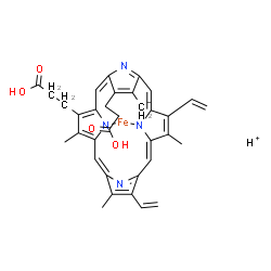 ChemSpider 2D Image | Hydrogen [3,3'-(3,7,12,17-tetramethyl-8,13-divinyl-2,18-porphyrindiyl-kappa~2~N~21~,N~23~)dipropanoato(3-)]ferrate(1-) | C34H32FeN4O4