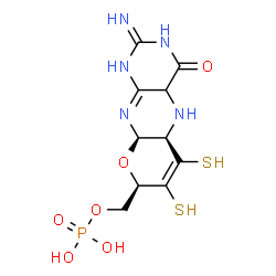 ChemSpider 2D Image | [(4aR,5aR,8R,9aR)-2-Amino-4-oxo-6,7-disulfanyl-3,4a,5,5a,8,9a-hexahydro-4H-pyrano[3,2-g]pteridin-8-yl]methyl dihydrogen phosphate | C10H14N5O6PS2