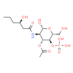 ChemSpider 2D Image | 3-O-Acetyl-2-deoxy-2-{[(3R)-3-hydroxyhexanoyl]amino}-4-O-phosphono-beta-D-glucopyranose | C14H26NO11P
