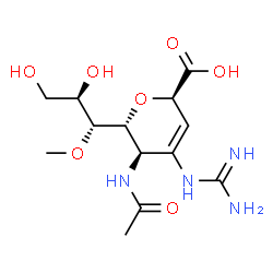 ChemSpider 2D Image | (6R)-5-Acetamido-2,6-anhydro-4-carbamimidamido-3,4,5-trideoxy-6-[(1R,2R)-2,3-dihydroxy-1-methoxypropyl]-L-threo-hex-3-enonic acid | C13H22N4O7