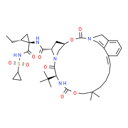ChemSpider 2D Image | (1R,11Z,21S,24S)-N-{(1R,2R)-1-[(Cyclopropylsulfonyl)carbamoyl]-2-ethylcyclopropyl}-16,16-dimethyl-21-(2-methyl-2-propanyl)-3,19,22-trioxo-2,18-dioxa-4,20,23-triazatetracyclo[21.2.1.1~4,7~.0~6,11~]hept
acosa-5,7,9,11-tetraene-24-carboxamide | C38H53N5O9S