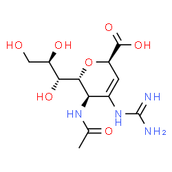 ChemSpider 2D Image | (6R)-5-Acetamido-2,6-anhydro-4-carbamimidamido-3,4,5-trideoxy-6-[(1R,2R)-1,2,3-trihydroxypropyl]-L-threo-hex-3-enonic acid | C12H20N4O7