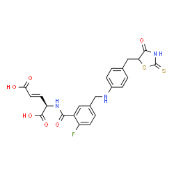 ChemSpider 2D Image | (2E,4R)-4-({2-Fluoro-5-[({4-[(4-oxo-2-thioxo-1,3-thiazolidin-5-yl)methyl]phenyl}amino)methyl]benzoyl}amino)-2-pentenedioic acid | C23H20FN3O6S2