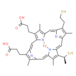 ChemSpider 2D Image | [3,3'-{3,7,12,17-Tetramethyl-8-[(1S)-1-sulfanylethyl]-13-(2-sulfanylethyl)-2,18-porphyrindiyl-kappa~2~N~22~,N~24~}dipropanoato(2-)]iron | C34H36FeN4O4S2