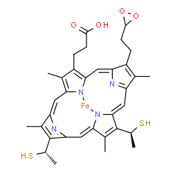 ChemSpider 2D Image | [3-{18-[2-(3-Dioxiranyl)ethyl]-3,7,12,17-tetramethyl-8,13-bis[(1S)-1-sulfanylethyl]-2-porphyrinyl-kappa~2~N~21~,N~23~}propanoato(2-)]iron | C34H36FeN4O4S2