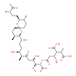 ChemSpider 2D Image | 2-[(1R)-3-{[(3R,4S,5R,8S,9S,12R)-12-{(2S,3S,6R,8S,9R)-3,9-Dimethyl-8-[(3S)-3-methyl-4-oxopentyl]-1,7-dioxaspiro[5.5]undec-2-yl}-5,9-dihydroxy-4-methoxy-2,8-dimethyl-7-oxo-3-tridecanyl]oxy}-1-hydroxy-3
-oxopropyl]-3-methylsuccinic acid (non-preferred name) | C41H70O14