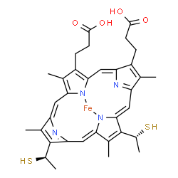 ChemSpider 2D Image | [3,3'-{3,7,12,17-Tetramethyl-8,13-bis[(1R)-1-sulfanylethyl]-2,18-porphyrindiyl-kappa~2~N~21~,N~23~}dipropanoato(2-)]iron | C34H36FeN4O4S2