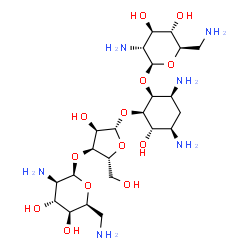 ChemSpider 2D Image | (1S,2R,3S,4R,6S)-4,6-Diamino-2-{[3-O-(2,6-diamino-2,6-dideoxy-beta-L-idopyranosyl)-beta-D-ribofuranosyl]oxy}-3-hydroxycyclohexyl 2,6-diamino-2,6-dideoxy-beta-D-glucopyranoside | C23H46N6O13