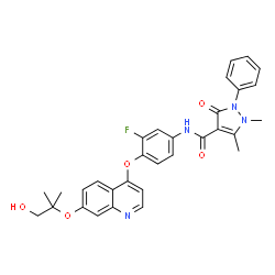 ChemSpider 2D Image | N-[3-Fluoro-4-({7-[(1-hydroxy-2-methyl-2-propanyl)oxy]-4-quinolinyl}oxy)phenyl]-1,5-dimethyl-3-oxo-2-phenyl-2,3-dihydro-1H-pyrazole-4-carboxamide | C31H29FN4O5