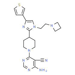 ChemSpider 2D Image | 4-Amino-6-(4-{1-[2-(1-azetidinyl)ethyl]-4-(3-thienyl)-1H-imidazol-2-yl}-1-piperidinyl)-5-pyrimidinecarbonitrile | C22H26N8S
