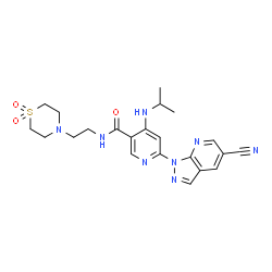 ChemSpider 2D Image | 6-(5-Cyano-1H-pyrazolo[3,4-b]pyridin-1-yl)-N-[2-(1,1-dioxido-4-thiomorpholinyl)ethyl]-4-(isopropylamino)nicotinamide | C22H26N8O3S