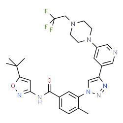 ChemSpider 2D Image | 4-Methyl-N-[5-(2-methyl-2-propanyl)-1,2-oxazol-3-yl]-3-(4-{5-[4-(2,2,2-trifluoroethyl)-1-piperazinyl]-3-pyridinyl}-1H-1,2,3-triazol-1-yl)benzamide | C28H31F3N8O2