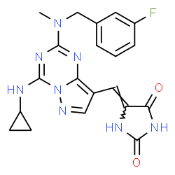 ChemSpider 2D Image | (5Z)-5-({4-(Cyclopropylamino)-2-[(3-fluorobenzyl)(methyl)amino]pyrazolo[1,5-a][1,3,5]triazin-8-yl}methylene)-2,4-imidazolidinedione | C20H19FN8O2