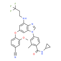 ChemSpider 2D Image | 4-{6-(4-Cyano-2-methoxyphenoxy)-4-[(3,3,3-trifluoropropyl)amino]-1H-benzimidazol-1-yl}-N-cyclopropyl-2-methylbenzamide | C29H26F3N5O3