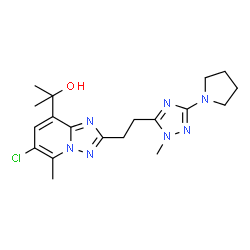 ChemSpider 2D Image | 2-(6-Chloro-5-methyl-2-{2-[1-methyl-3-(1-pyrrolidinyl)-1H-1,2,4-triazol-5-yl]ethyl}[1,2,4]triazolo[1,5-a]pyridin-8-yl)-2-propanol | C19H26ClN7O