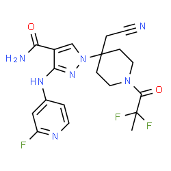 ChemSpider 2D Image | 1-[4-(Cyanomethyl)-1-(2,2-difluoropropanoyl)-4-piperidinyl]-3-[(2-fluoro-4-pyridinyl)amino]-1H-pyrazole-4-carboxamide | C19H20F3N7O2