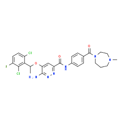ChemSpider 2D Image | 6-Amino-5-[1-(2,6-dichloro-3-fluorophenyl)ethoxy]-N-{4-[(4-methyl-1,4-diazepan-1-yl)carbonyl]phenyl}-3-pyridazinecarboxamide | C26H27Cl2FN6O3