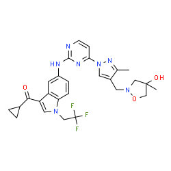 ChemSpider 2D Image | Cyclopropyl{5-[(4-{4-[(4-hydroxy-4-methyl-1,2-oxazolidin-2-yl)methyl]-3-methyl-1H-pyrazol-1-yl}-2-pyrimidinyl)amino]-1-(2,2,2-trifluoroethyl)-1H-indol-3-yl}methanone | C27H28F3N7O3