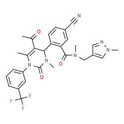 ChemSpider 2D Image | 2-{5-Acetyl-3,6-dimethyl-2-oxo-1-[3-(trifluoromethyl)phenyl]-1,2,3,4-tetrahydro-4-pyrimidinyl}-5-cyano-N-methyl-N-[(1-methyl-1H-pyrazol-4-yl)methyl]benzamide | C29H27F3N6O3