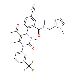 ChemSpider 2D Image | 2-{5-Acetyl-3,6-dimethyl-2-oxo-1-[3-(trifluoromethyl)phenyl]-1,2,3,4-tetrahydro-4-pyrimidinyl}-5-cyano-N-methyl-N-[(1-methyl-1H-imidazol-2-yl)methyl]benzamide | C29H27F3N6O3