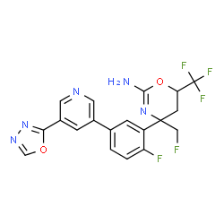 ChemSpider 2D Image | 4-(Fluoromethyl)-4-{2-fluoro-5-[5-(1,3,4-oxadiazol-2-yl)-3-pyridinyl]phenyl}-6-(trifluoromethyl)-5,6-dihydro-4H-1,3-oxazin-2-amine | C19H14F5N5O2