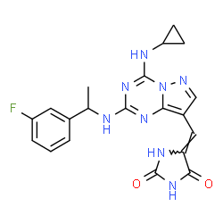 ChemSpider 2D Image | (5Z)-5-{[4-(Cyclopropylamino)-2-{[1-(3-fluorophenyl)ethyl]amino}pyrazolo[1,5-a][1,3,5]triazin-8-yl]methylene}-2,4-imidazolidinedione | C20H19FN8O2