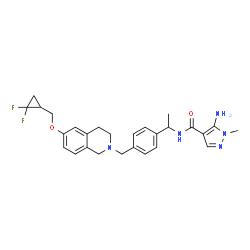 ChemSpider 2D Image | 5-Amino-N-{1-[4-({6-[(2,2-difluorocyclopropyl)methoxy]-3,4-dihydro-2(1H)-isoquinolinyl}methyl)phenyl]ethyl}-1-methyl-1H-pyrazole-4-carboxamide | C27H31F2N5O2