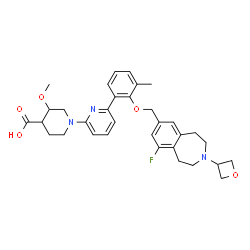 ChemSpider 2D Image | 1-[6-(2-{[9-Fluoro-3-(3-oxetanyl)-2,3,4,5-tetrahydro-1H-3-benzazepin-7-yl]methoxy}-3-methylphenyl)-2-pyridinyl]-3-methoxy-4-piperidinecarboxylic acid | C33H38FN3O5