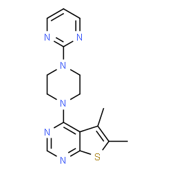 ChemSpider 2D Image | 5,6-Dimethyl-4-[4-(2-pyrimidinyl)-1-piperazinyl]thieno[2,3-d]pyrimidine | C16H18N6S