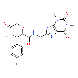 ChemSpider 2D Image | N-[(1,3-Dimethyl-2,6-dioxo-2,3,6,9-tetrahydro-1H-purin-8-yl)methyl]-3-(4-fluorophenyl)-4-methyl-5-oxo-2-morpholinecarboxamide | C20H21FN6O5
