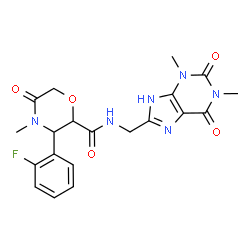 ChemSpider 2D Image | N-[(1,3-Dimethyl-2,6-dioxo-2,3,6,9-tetrahydro-1H-purin-8-yl)methyl]-3-(2-fluorophenyl)-4-methyl-5-oxo-2-morpholinecarboxamide | C20H21FN6O5