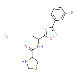 ChemSpider 2D Image | N-{1-[3-(3-Fluorophenyl)-1,2,4-oxadiazol-5-yl]ethyl}-1,3-thiazolidine-4-carboxamide hydrochloride (1:1) | C14H16ClFN4O2S