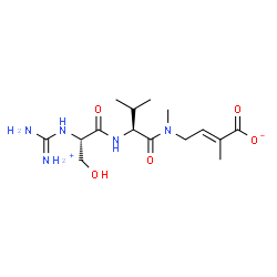 ChemSpider 2D Image | N-[Amino(iminio)methyl]-L-seryl-N-[(2E)-3-carboxylato-2-buten-1-yl]-N-methyl-L-valinamide | C15H27N5O5