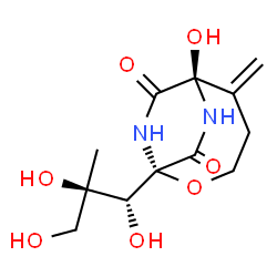 ChemSpider 2D Image | (1S,6R)-6-Hydroxy-5-methylene-1-[(1R,2R)-1,2,3-trihydroxy-2-methylpropyl]-2-oxa-7,9-diazabicyclo[4.2.2]decane-8,10-dione | C12H18N2O7