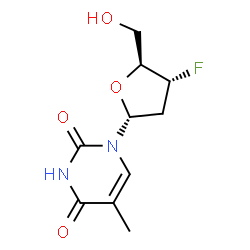 ChemSpider 2D Image | 1-(2,3-Dideoxy-3-fluoro-alpha-L-erythro-pentofuranosyl)-5-methyl-2,4(1H,3H)-pyrimidinedione | C10H13FN2O4
