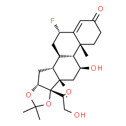 ChemSpider 2D Image | (4aR,4bR,5S,6aS,6bS,9aR,10aR,10bR,12S)-12-Fluoro-6b-glycoloyl-5-hydroxy-4a,6a,8,8-tetramethyl-3,4,4a,4b,5,6,6a,6b,9a,10,10a,10b,11,12-tetradecahydro-2H-naphtho[2',1':4,5]indeno[1,2-d][1,3]dioxol-2-one | C24H33FO6