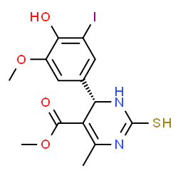 ChemSpider 2D Image | Methyl (6S)-6-(4-hydroxy-3-iodo-5-methoxyphenyl)-4-methyl-2-sulfanyl-1,6-dihydro-5-pyrimidinecarboxylate | C14H15IN2O4S