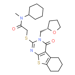 ChemSpider 2D Image | N-Cyclohexyl-N-methyl-2-({4-oxo-3-[(2S)-tetrahydro-2-furanylmethyl]-3,4,5,6,7,8-hexahydro[1]benzothieno[2,3-d]pyrimidin-2-yl}sulfanyl)acetamide | C24H33N3O3S2